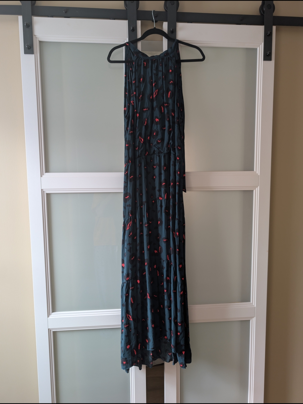Halter Dark Teal Maxi Dress with Red Accent Print
